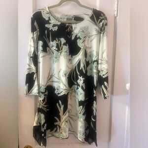 JM Collection Black and White Floral Top with Green Accents